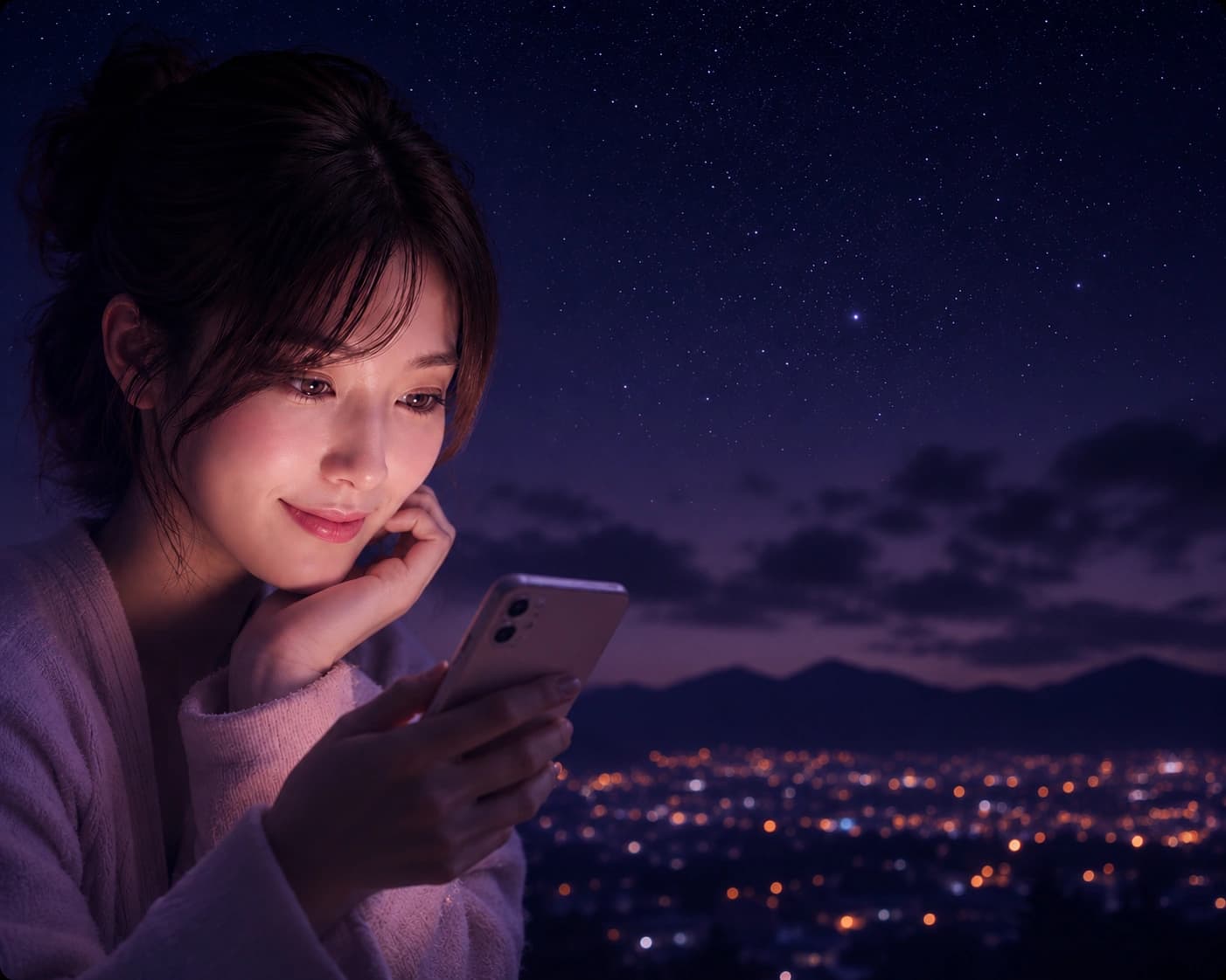 夜、スマートフォンを見つめる女性と星空の夜景